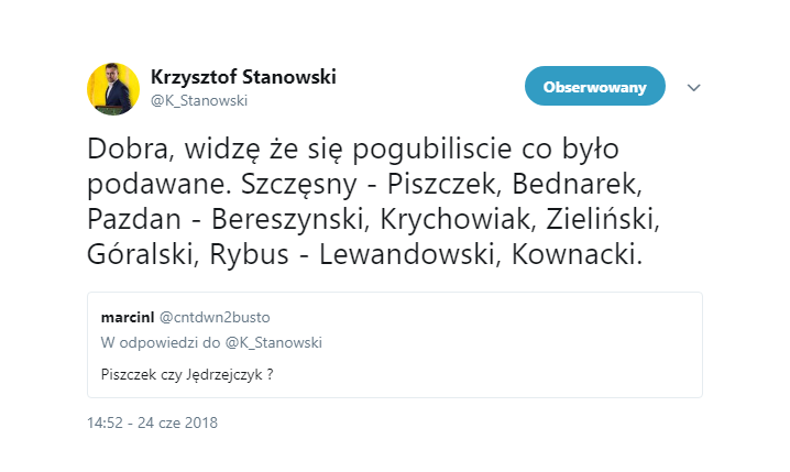 Krzysztof Stanowski podał skład Polski na mecz z Kolumbią